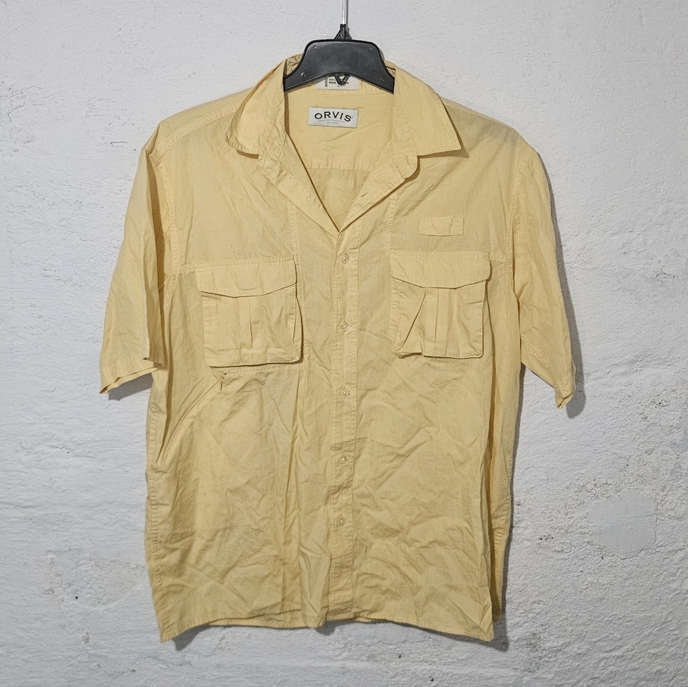 Orvis Sporting Traditions Mens Large Yellow Cotton Short Sleeve Button Up Shirt